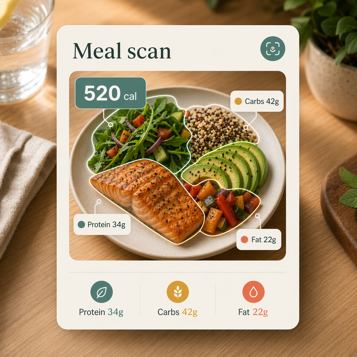 Avela meal scan card showing calorie and macro estimates over a balanced salmon plate