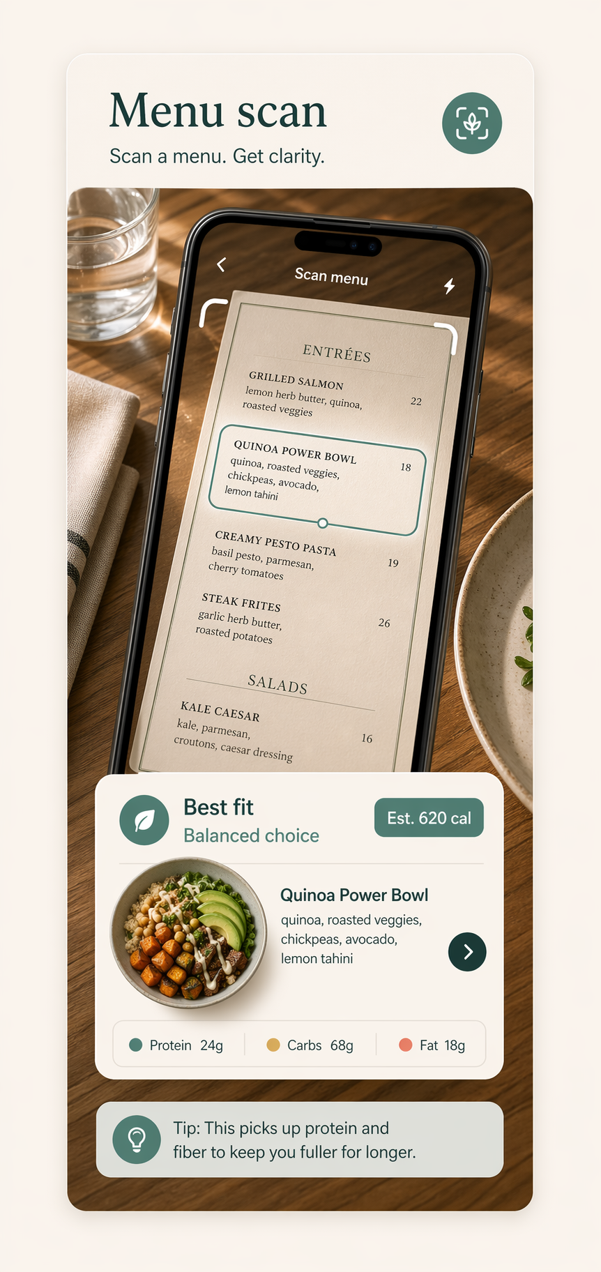 Avela menu scan card recommending a balanced restaurant order